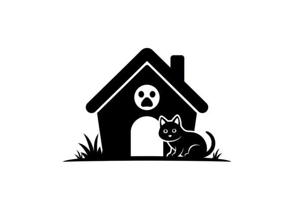 Black Cat Sitting in Front of Dog House