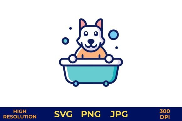 Cartoon Dog Enjoying Bath in Blue Tub
