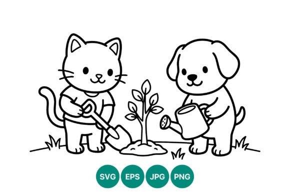 Cat and Dog Gardening Vector Art
