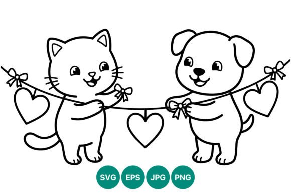 Cat and Dog Heart Garland Line Art