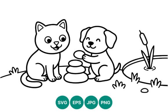 Cat and Dog Playing Stones Vector