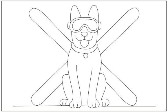 Crossed Skis Dog Emblem Line Art