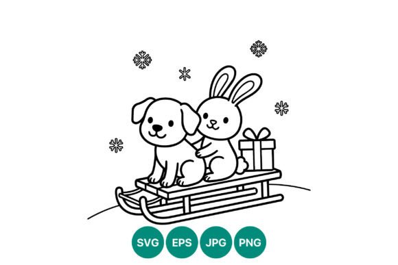 Cute Bunny and Dog Sled Line Art