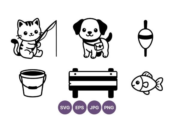 Cute Cat Dog Fishing Vector Set