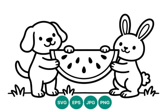 Cute Dog and Rabbit with Watermelon