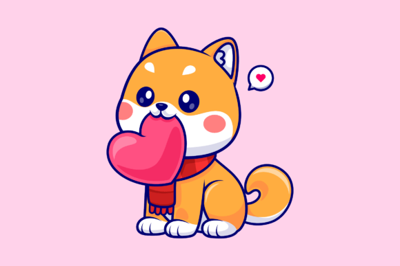 Cute Shiba Inu Dog Bite Love Heart
