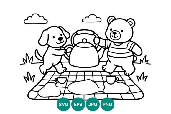 Cute Teddy Bear and Dog Tea Party