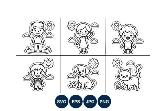 Cute Vector Kids Dog Cat Black White