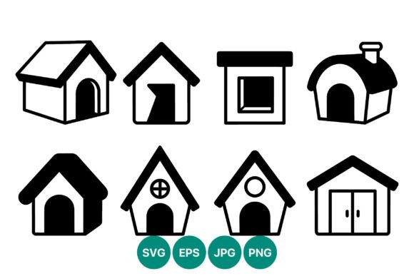 Dog House Black White Icon Set