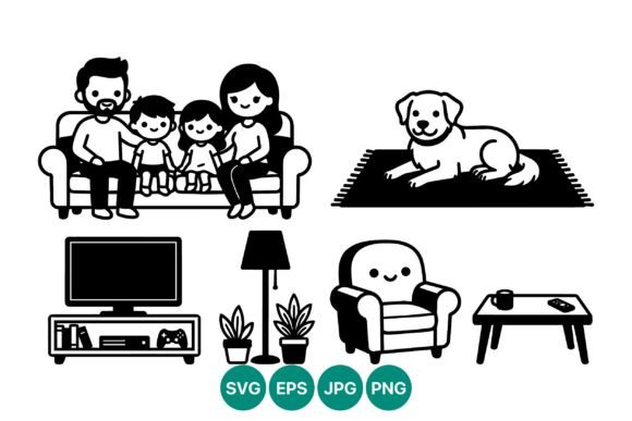 Family on Sofa with Dog and Living Room