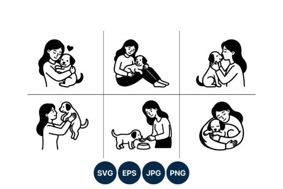 Woman Cuddling Dog Vector Art Black and